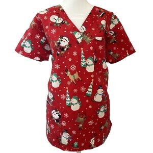 Vintage Y2K 90s whimsical snowmen and Santa red two pocket Xmas scrub top MD
